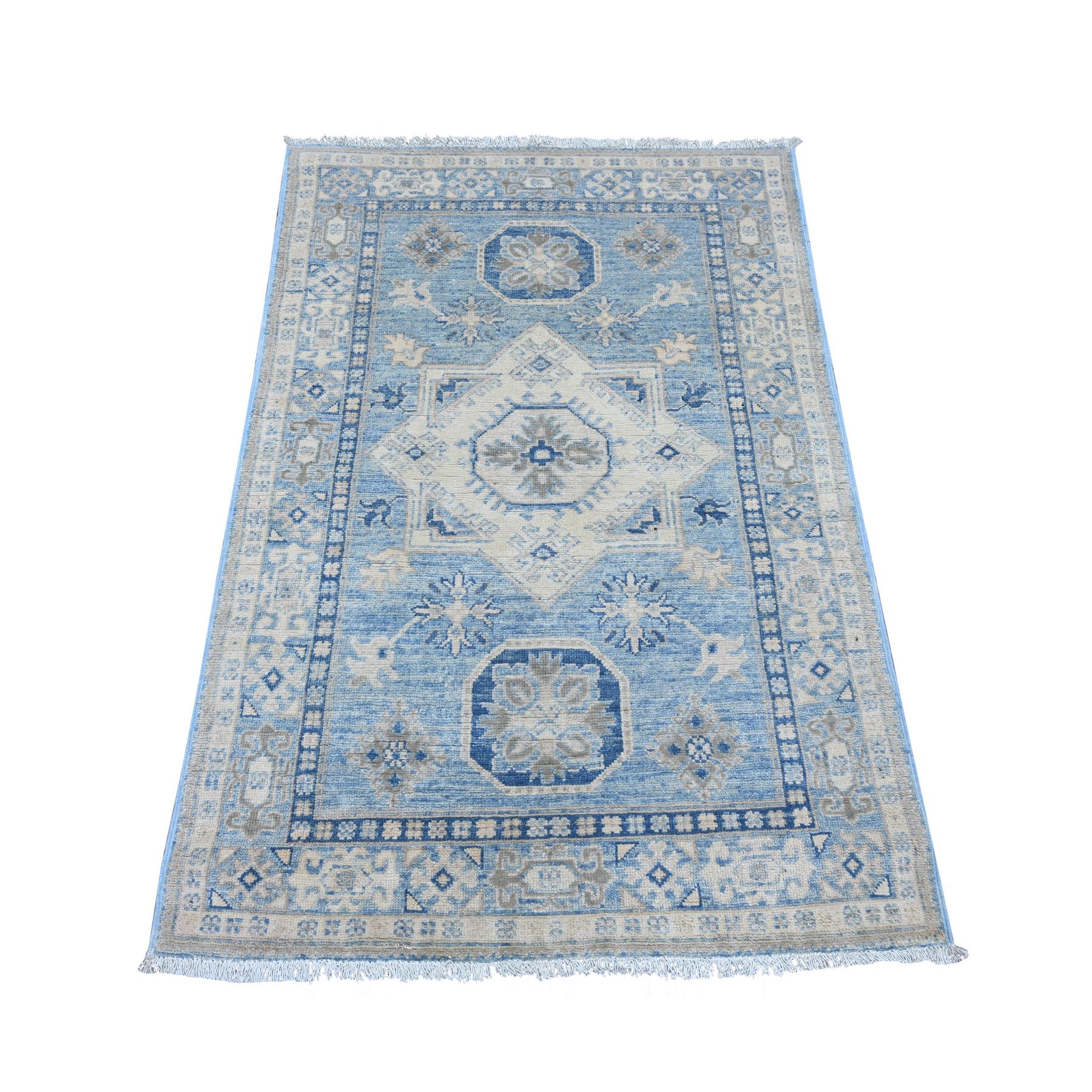 3'3"x4'9" Maya Blue, Vintage Look Kazak with Geometric Medallion, Hand Knotted, 100% Wool, Natural Dyes, Oriental Rug 